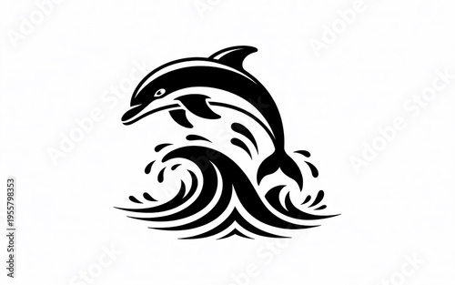 Black dolphin leaping through stylized waves jumping ocean