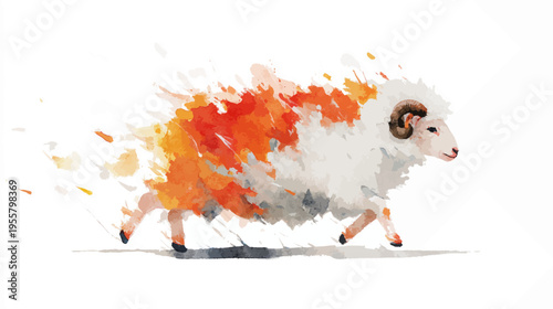 Cute watercolor sheep with fiery wool tail in playful style, charming Chinese zodiac 2027 vector illustration for festive greeting and children friendly design