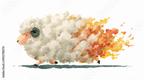 Cute watercolor sheep with fiery wool tail in playful style, charming Chinese zodiac 2027 vector illustration for festive greeting and children friendly design