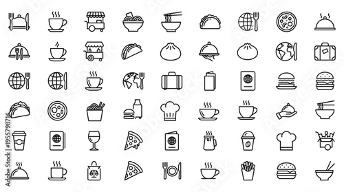 Food and Travel Line Icons Mega Set Of 50 Vector Icon Collection of Restaurant, Hotel, and Global Cuisine