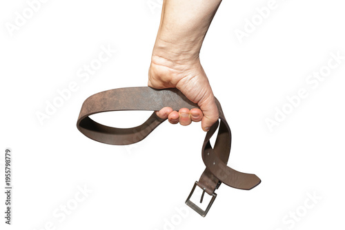 Male hands holding leather pant strap belt