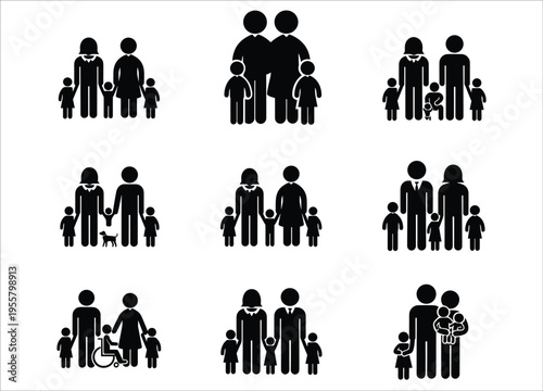 Diverse family arrangements depicted in black stick figures perfect for design on transparent background silhouette high quality professional detailed