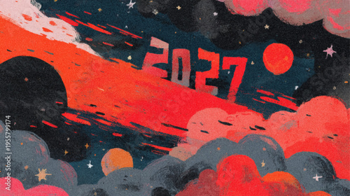 Abstract fiery cosmic background with glowing nebula flow and golden sparkles, elegant Chinese New Year 2027 vector poster with copy space