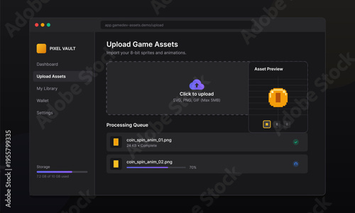 A dark-themed web application interface for uploading game assets, featuring a pixel art coin preview, a processing queue with progress bars, and a sidebar navigation menu.