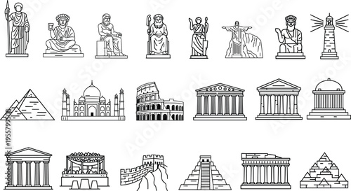 Black and white world wonders and historical monuments vector icons set featuring famous landmarks and ancient architecture illustrations