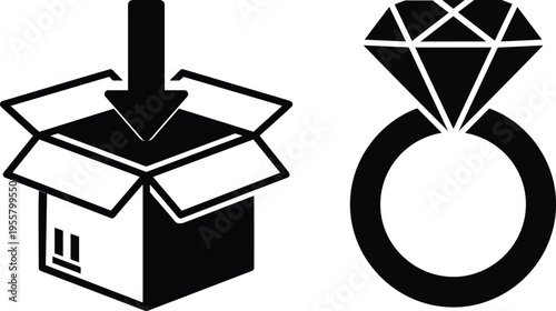 Open box with download arrow and diamond ring icon vector illustration set for delivery ecommerce and luxury concept