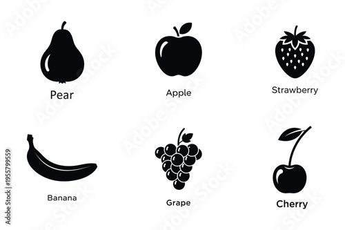 Black and White Fruit Silhouette Set with Pear Apple Strawberry Banana Grape Cherry Vector Illustration.