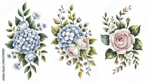 Delicate floral arrangements with blue hydrangeas and pink roses bouquet