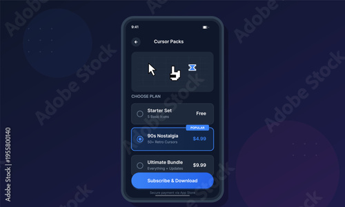 A smartphone screen shows a digital interface for choosing cursor packs. The dark theme includes options for retro and bundle sets with a blue subscribe and download button.