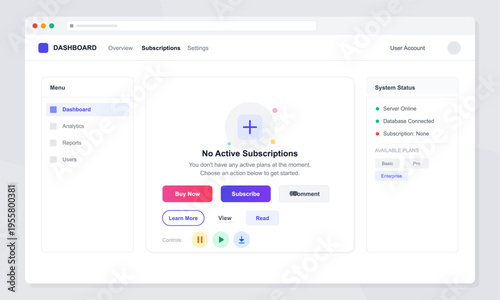 This minimalist web dashboard interface displays a message for no active subscriptions alongside call to action buttons and a sidebar menu for navigation and system status.