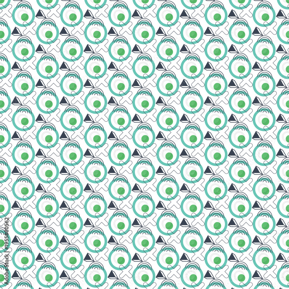 Fototapeta premium Geometric pattern with green circles and triangles on white background