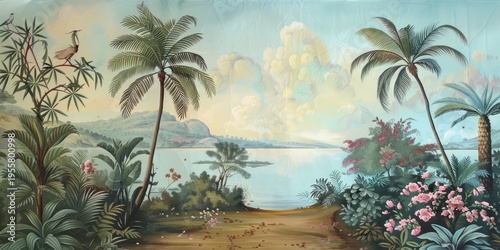 Wallpaper serene tropical landscape painting in pastel tones	