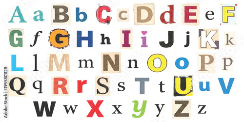 Alphabet set of cutout ransom note style letters from magazines, vector typography collection illustration
