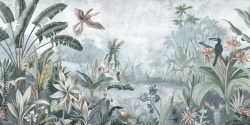 Wallpaper serene tropical landscape painting in pastel tones