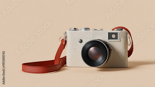 Wallpaper Mural Minimalist cream-colored camera with black lens and red strap against a soft beige background, clean modern design for creative media Torontodigital.ca