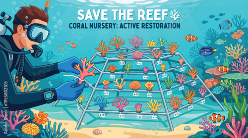 Scuba Diver Planting Coral in Underwater Nursery for Reef Restoration Vector Illustration