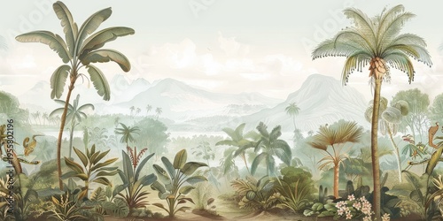 Wallpaper serene tropical landscape painting in pastel tones