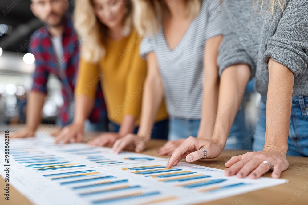 Fototapeta premium Teamwork in progress, close-up on hands reviewing charts and graphs for analysis, a strategic business meeting in a modern office setting with coworkers collaborating.