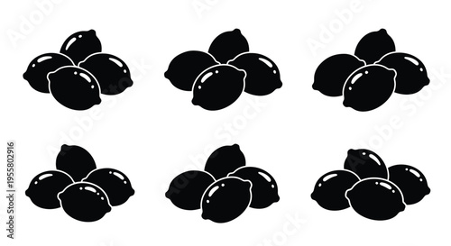 Black and white illustration of various groupings of lemon silhouettes