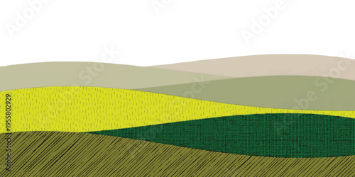 Minimalist landscape illustration with stylized rolling hills and textured patterns in soft earthy colors