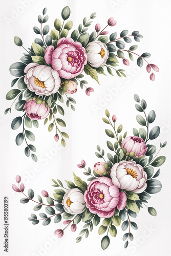 Pink and white peonies with green leaves pink flowers white flowers