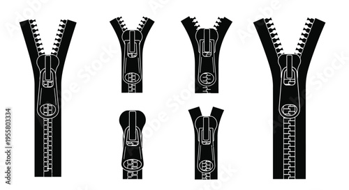 Black and white illustration of various zipper positions and components