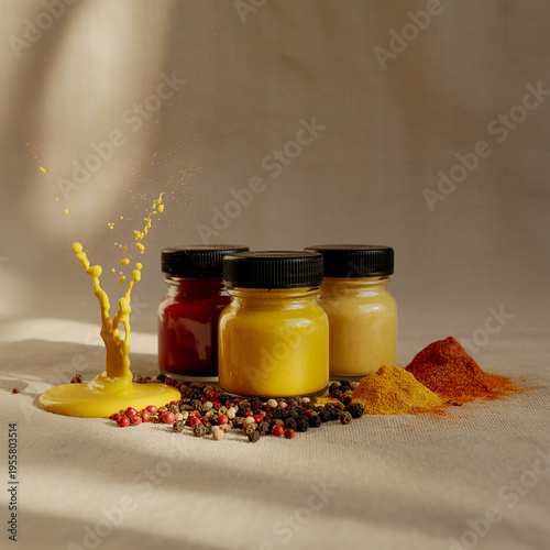 Three jars of spices with yellow splash and peppercorns image