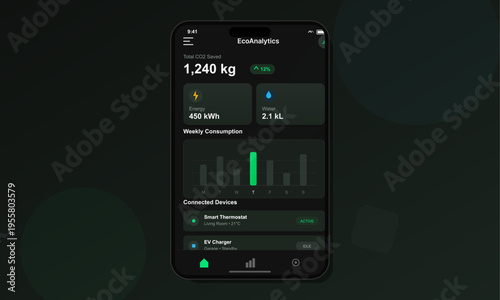A smartphone screen shows a dark mode user interface for monitoring environmental impact, featuring metrics for carbon dioxide savings, energy usage, and smart home device status.