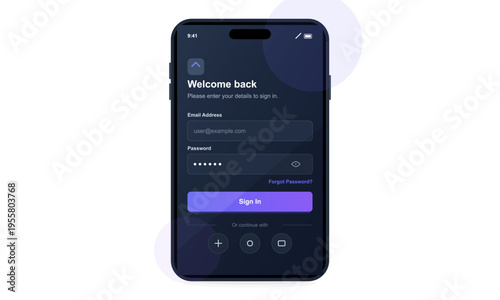 A smartphone displays a dark mode sign-in interface with fields for email and password. The screen features a purple login button and social media authentication options below.