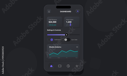 A dark mode mobile application dashboard interface featuring financial statistics, user metrics, settings controls, and a weekly analytics line graph on a smartphone screen.