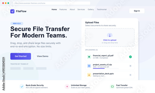 A modern website landing page design for a secure file transfer service featuring a clean user interface with an upload widget, progress bars, and call to action buttons.