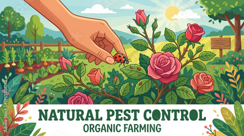 Natural Pest Control and Organic Farming Vector Illustration with Hand Placing Ladybug on Rose Bush