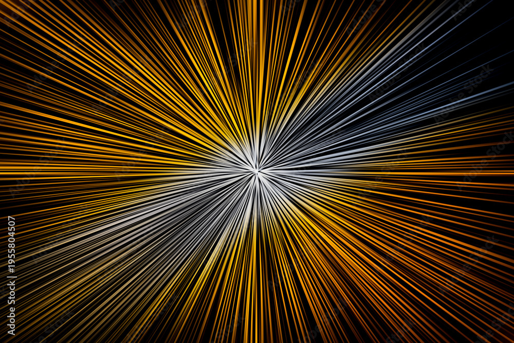 Obraz premium Abstract surface of radial blur zoom with gold, orange, white and black rays creating dynamic motion and strong contrast on a dark background.