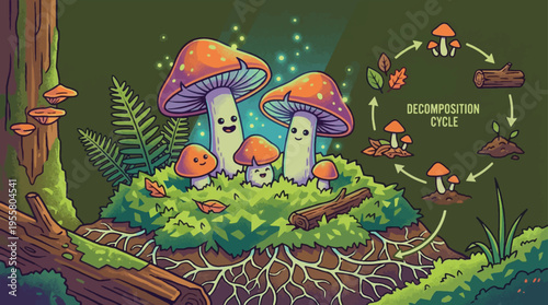 Cute Mushroom Decomposition Cycle Vector Illustration with Forest Background and Root System