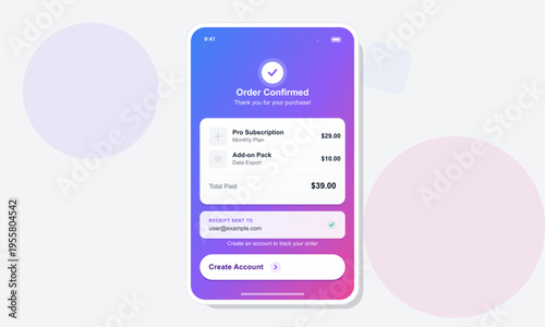 A smartphone displays a digital receipt for a pro subscription and an additional pack. The screen shows an order confirmation message with a total price and a create account button.