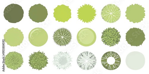 Set of various green tree top view icons for architectural landscape design vector illustration