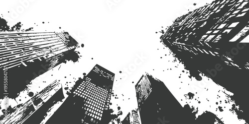 Urban city skyline with grunge ink splatter effect in black and white vector illustration