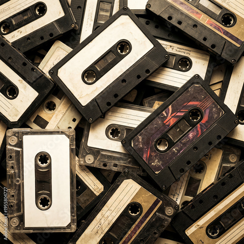 Pile of vintage analog audio cassette tapes with blank labels