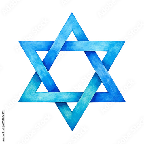 A watercolor illustration of a blue Star of David symbol, featuring a geometric hexagram in bright watercolor tones isolated on a transparent background.
