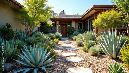 Front yard xeriscape garden with stone path leading to house entrance. Drought-tolerant plants like agave and succulents create a water-wise landscape. Gravel ground covers most of the area.