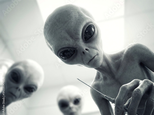 Grey alien holding a medical syringe and looking down in a bright examination room