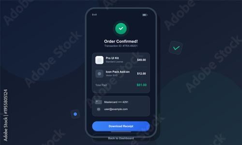 A mobile application interface displays a successful order confirmation screen with a transaction summary, itemized list, total price, and a blue download receipt button.