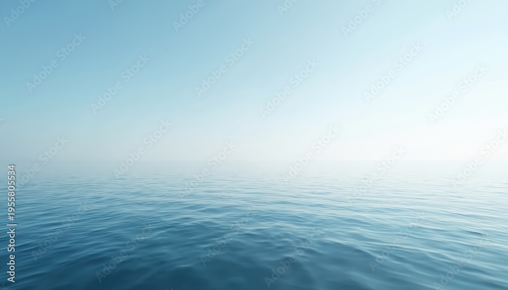Obraz premium Wide angle view of calm blue ocean water meeting clear bright sky. Minimalist composition, neat horizon line, clean natural background. Peaceful sea scene.