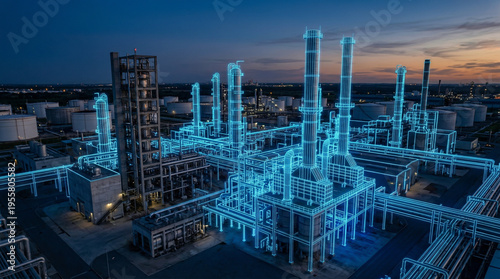 Industrial oil refinery plant with a blue digital wireframe overlay at dusk