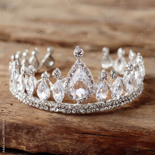Sparkling crystal tiara with teardrop gemstones resting on rustic wooden surface,