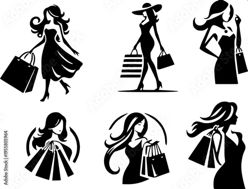 “Simple human pictogram carrying multiple shopping bags, arms raised outward, clean vector silhouette, monochrome black on white, icon style, high contrast”