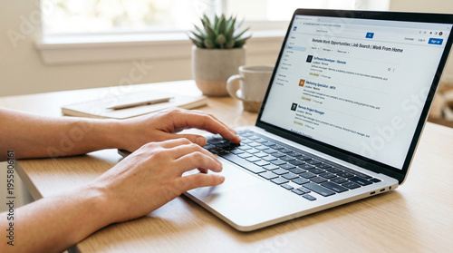 Person searching for remote work opportunities on a laptop at a desk