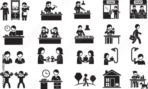 Black and white illustrations of people in various office and business settings