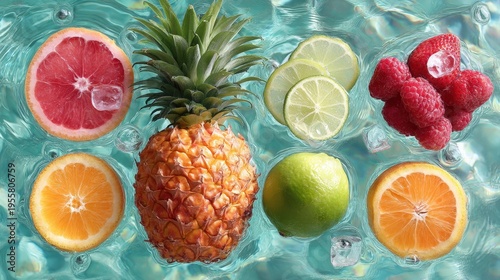 Assorted tropical and citrus fruits with ice cubes floating in clear blue water, creating a refreshing summer background,
