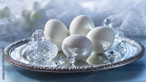 Still life of frosted glass Easter eggs and crystal accents on a reflective silver tray. High-end decorative aesthetic, sharp focus, bright highlights, elegant blurred background for branding.